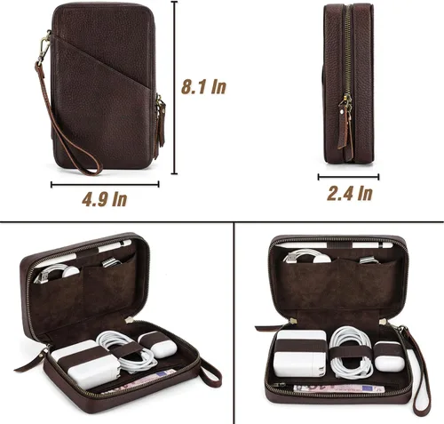 Miniatura 5 de Kit técnico de estuche organizador electrónico, cuero de grano superior hecho a mano, portátil compacto de viaje, accesorios electrónicos de viaje