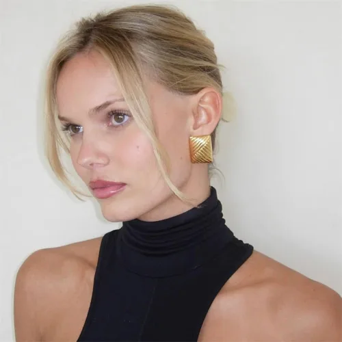 Miniatura 6 de Delicados aretes grandes rectangulares con textura gruesa para mujer, estilo vintage, de acero inoxidable, diseño geométrico, diseño único, joyería
