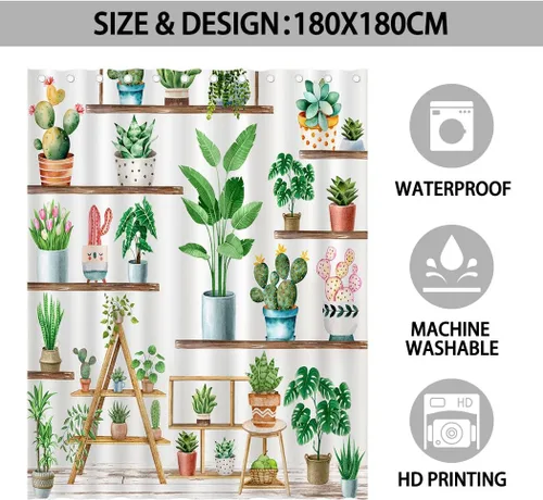 Miniatura 3 de Cortina de ducha de plantas verdes de granja, cortina de ducha bohemia con plantas en maceta para baño, cactus suculentas, decoración para baño
