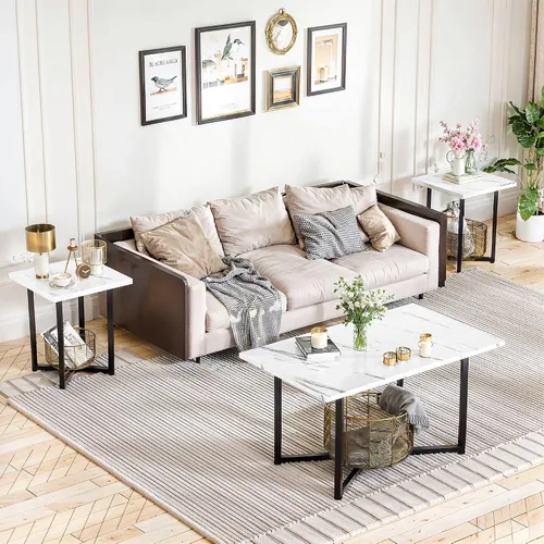 Miniatura 2 de Hooseng Juego de 3 mesas auxiliares y mesas auxiliares, moderno juego de mesa de sala de estar con marco de metal para apartamento, oficina en casa