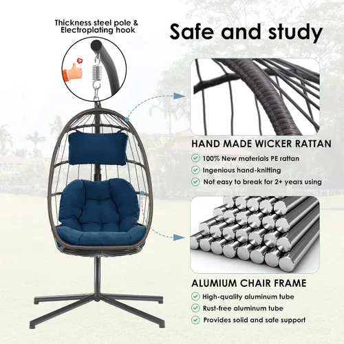 Miniatura 3 de Silla de huevo con soporte – Silla colgante de huevo de mimbre de ratán para dormitorio interior y exterior – Marco de aluminio resistente a la Azul
