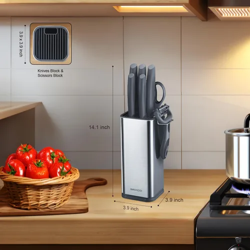 Miniatura 2 de RAXCO Juego de cuchillos de cocina de 10 piezas Soporte de acero inoxidable Diseño compacto - Gris Damasco.
