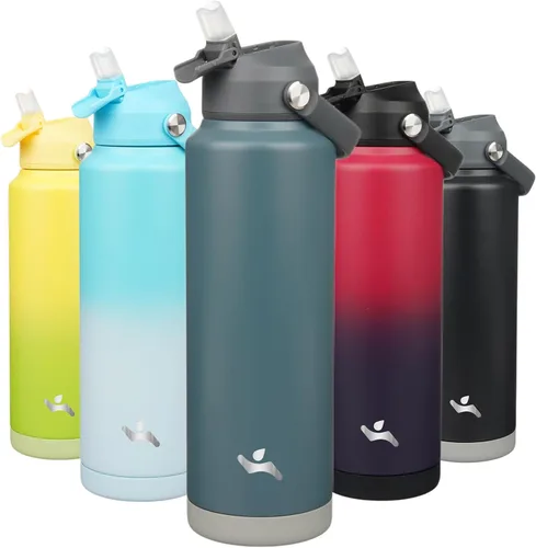 Miniatura 37 de Konokyo Botella de agua aislada con tapa de pajilla, botella de metal al vacío de acero inoxidable de 18 onzas con mango de silicona, color negro