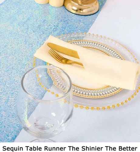 Miniatura 6 de ShiDianYi - Camino de mesa holográfico de lentejuelas de 12 x 72 pulgadas, azul iridiscente Fondo de boda con purpurina, decoración de fiesta