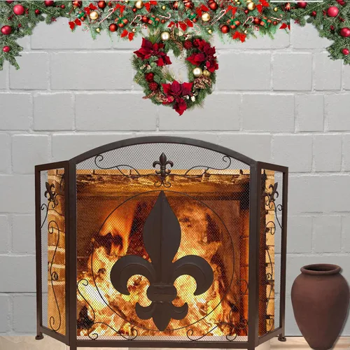 Miniatura 6 de BestGiftEver Pantalla decorativa para chimenea de 3 paneles con diseño de flor de lis, marrón oscuro clásico, cubierta decorativa de malla de hierro