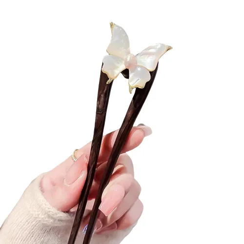 Horquilla de madera hecha a mano – Tenedor de pelo en forma de U con diseño de mariposa de concha natural, pinzas de pelo francés para mujeres,