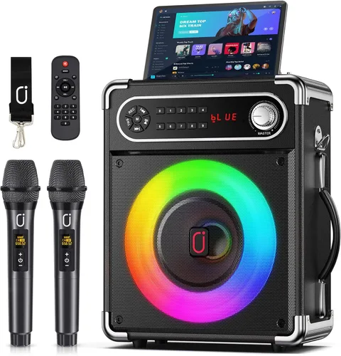 JYX - Máquina de karaoke con dos micrófonos inalámbricos, altavoz Bluetooth portátil con ajuste de graves/agudos, sistema de PA con control remoto,