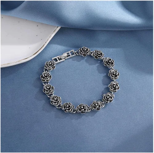 Miniatura 5 de Pulsera de flores de plata vintage para mujer, pulsera de flores de rosa, pulsera gótica de rosas para mujer