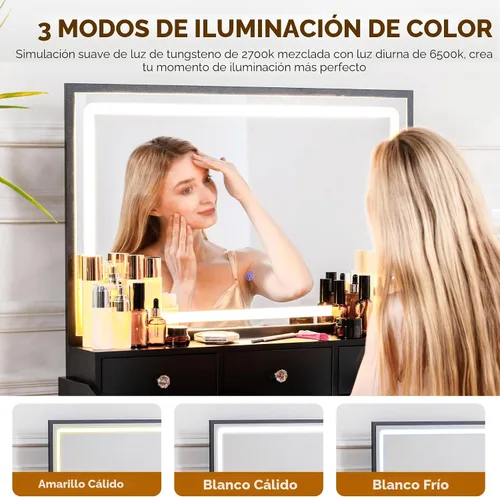 Miniatura 4 de COMHOMA Vanity Desk with LED Lights Mirror & Power Outlet, Small Makeup Vanity Table Set with 5 Storage Drawers, 3 Lighting Modes & Adjustable