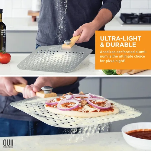 Miniatura 3 de Pala de Pizza Perforada de 12 x 14 Pulgadas. Espátula de Paleta con Mango Plegable - Cortador de Pizza Basculante con Hoja de 14''. Accesorios