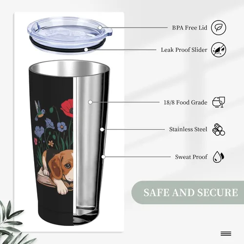 Miniatura 4 de Beagle Dog - Taza de café de acero inoxidable con tapa, diseño floral de 20 onzas, vaso térmico aislado de doble pared al vacío, regalos