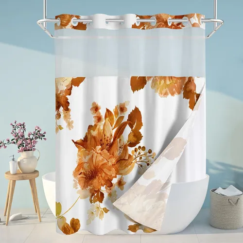 Miniatura 17 de Juego de cortina de ducha y forro sin gancho, cortinas de ducha florales negras para baño, juegos de cortinas de baño de hotel moderno con forro a