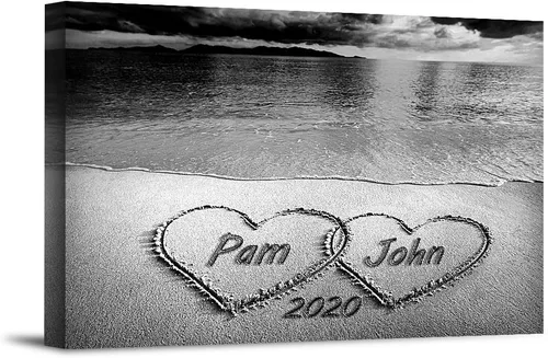 Miniatura 11 de Corazón y corazón en hermoso amanecer fotos personalizadas únicas o impresiones en lienzo con nombres de pareja y fecha especial en la playa, regalo