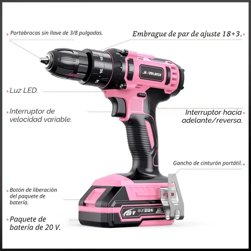Miniatura 4 de Taladro inalámbrico de 20 V, juego de taladro eléctrico con cargador de batería y estuche de transporte, portabrocas sin llave de 3/8 pulgadas, 2