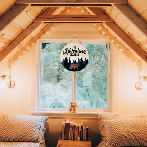 Miniatura 4 de LHIUEM Letrero colgante de madera con texto en inglés "The Adventure Begins", decoración de pared de bosque, con citas inspiradoras de montaña