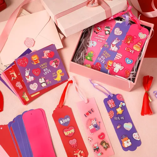 Miniatura 4 de JUNEBRUSHS Paquete de 30 manualidades de San Valentín para niños, marcapáginas del día de San Valentín, kits de manualidades con corazones surtidos