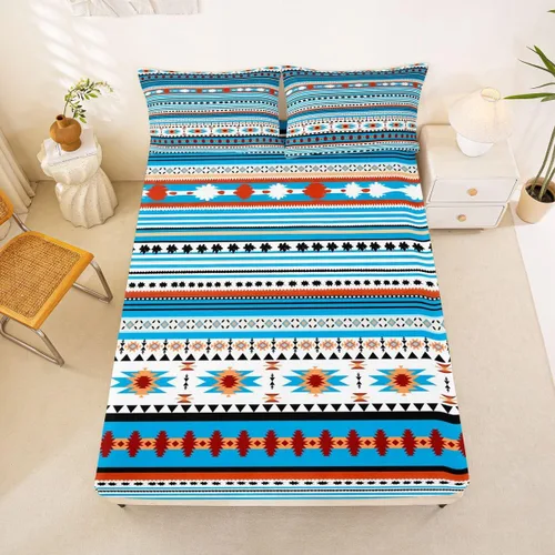Miniatura 9 de Juego de ropa de cama de estilo bohemio occidental, tamaño individual, diseño de vaca atrapasueños, sábana bajera ajustable del suroeste, tribu