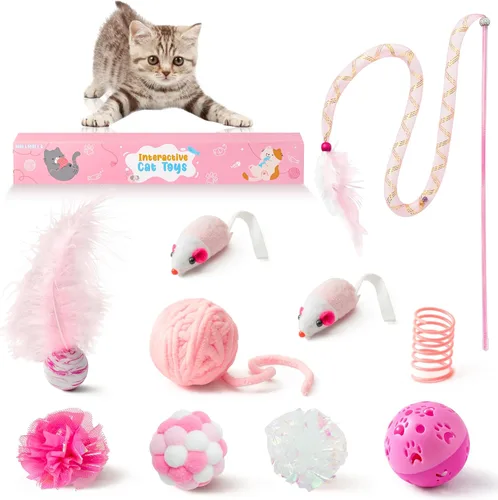 Miniatura 9 de MALLMALL6 Juego de juguetes interactivos para gatos, paquete de 27 piezas, paquete de 27 piezas, plumas rosadas, varita, resortes, ratones, sisal