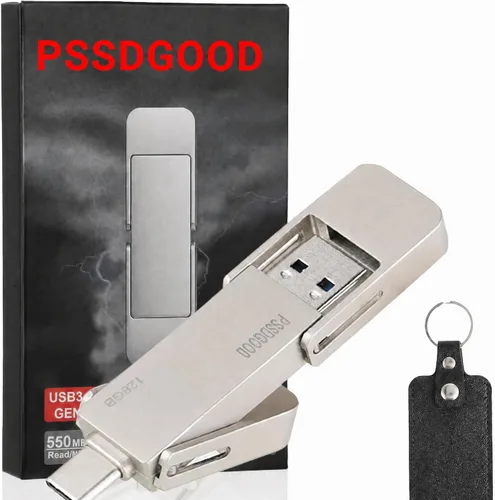 Unidad USB de 128 GB, SSD portátil rápida 550 MB/s 2 en 1, tipo C+A USB3.2 Gen2 unidad de estado sólido externa, disco duro externo SSD para iPhone