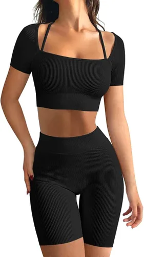 OQQ Conjunto de 2 piezas de entrenamiento para mujer, con detalle de tirantes acanalados sin costuras, top corto de cintura alta