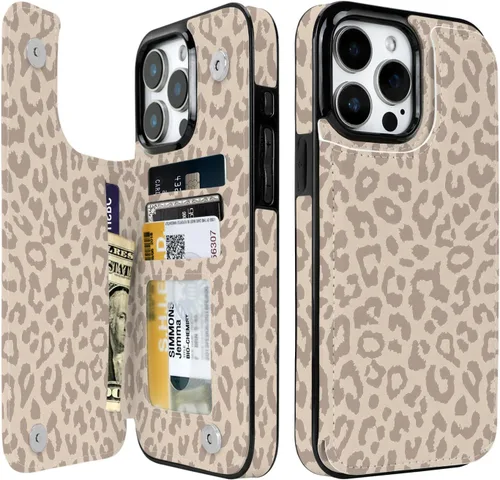 Miniatura 20 de Funda compatible con iPhone 14/15 con tarjetero y ranuras integradas de piel sintética con función atril y a prueba de golpes para iPhone 14/15