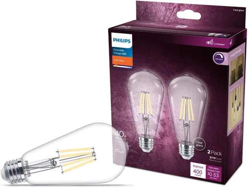 PHILIPS LED Paquete de 2 bombillas vintage Edison de 40 W S19 color blanco suave (2700 K) 400 lúmenes (4.4 W = 40 W), regulables, transparentes, sin