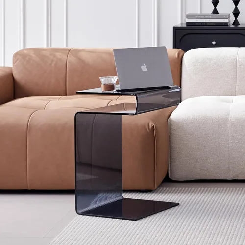 Miniatura 9 de Mesita de noche de cristal, mesa auxiliar, mesa auxiliar en forma de S para sala de estar, mesita de noche para dormitorio (marrón)