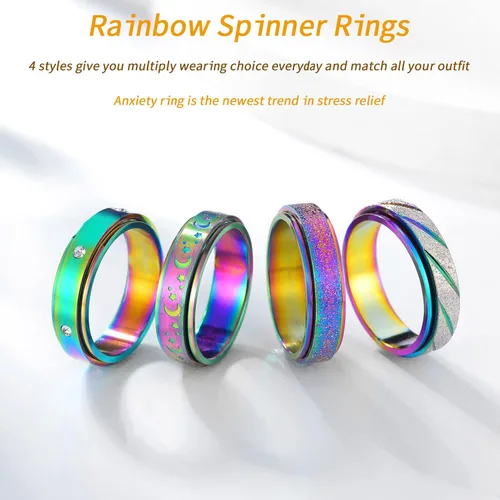 Miniatura 4 de Anillos de Ansiedad Anillos Fidget para Mujeres Anillos Giratorios para Ansiedad 4 Piezas 6MM Anillo de Acero de Titanio Arcoíris Talla 5-11 Anillos