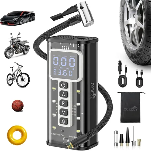 Inflador de neumáticos Corroy Compresor de aire portátil, inflador de neumáticos inalámbrico de 150 PSI con indicador digital y luz LED, bomba de