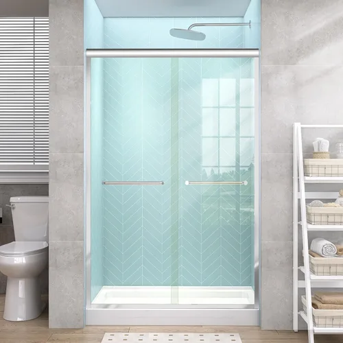 Miniatura 12 de GETPRO Puerta de ducha corrediza de 44-48 pulgadas de ancho x 72 pulgadas de alto, puertas correderas dobles sin marco para ducha, puerta de vidrio