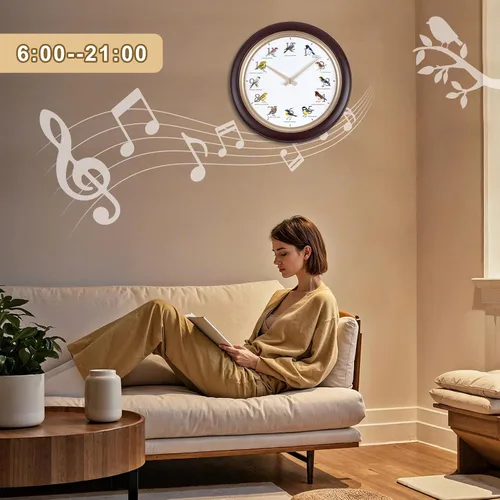 Miniatura 6 de Reloj de pared de pájaro cantante con canciones reales de pájaros de 13.3 pulgadas, movimiento silencioso sin tictac, reloj decorativo de animales