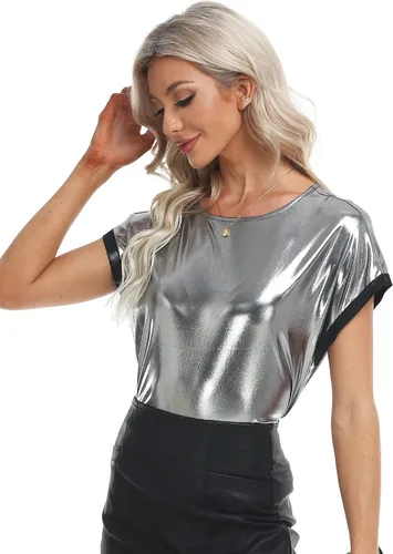 MISS MOLY Camisetas brillantes de manga corta con cuello redondo holográfico metálico brillante para mujer