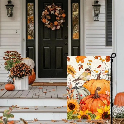 Miniatura 4 de Bandera de jardín de calabazas de pájaro de otoño de 12 x 18 pulgadas, doble cara exterior, hojas de girasol de otoño, cosecha de Acción de Gracias