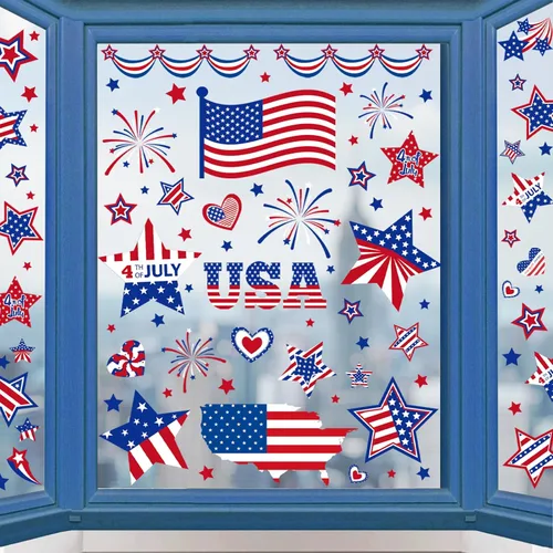 Decoraciones patrióticas para ventanas del 4 de julio, 9 hojas de calcomanías de ventana de bandera estadounidense para ventanas de vidrio,