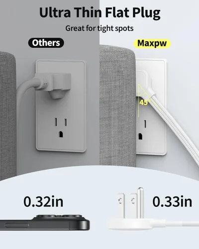Miniatura 5 de Regleta protectora contra sobretensiones de 10 pies, 7 tomacorrientes, 4 puertos USB (2 USB C), cable de extensión plano ultrafino y enchufe plano