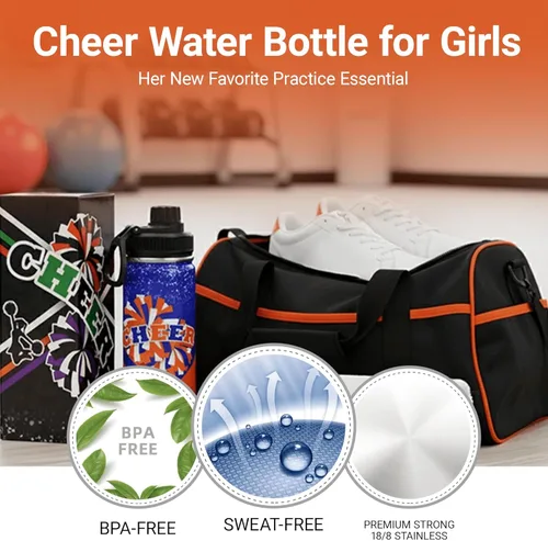 Miniatura 3 de Botella de agua Cheer de 18 onzas para niñas, botella deportiva de acero inoxidable aislada con asa, regalo de animadora a granel para regalos
