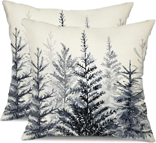 DFXSZ Fundas de almohada de Navidad 16x16 pulgadas, juego de 2, árbol de Navidad de acuarela azul gris, fundas de almohada blancas decorativas,