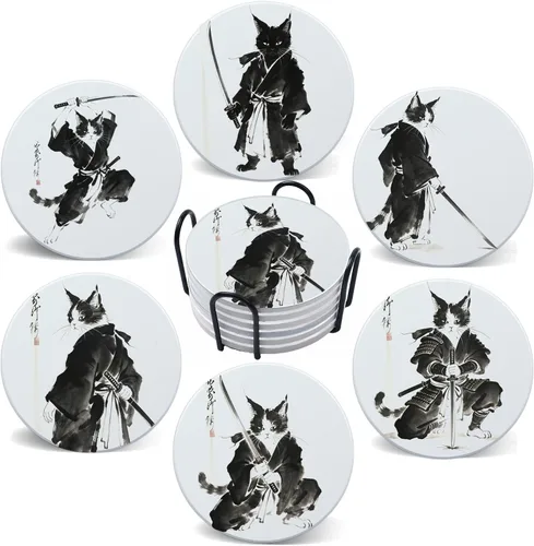 Miniatura 11 de Juego de 6 posavasos de café para bebidas con soporte, posavasos de madera de corcho absorbente para escritorio, mesa de oficina, decoración