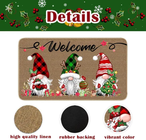 Miniatura 4 de TREWAVE Felpudo Decorativo de Bienvenida Navideño, Tapete de Puerta de Gnomo Navideño a Cuadros Buffalo, Alfombra de Entrada Antideslizante, 29 x 17