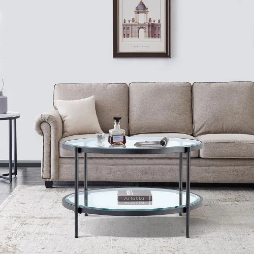 Miniatura 10 de Mesa de centro rectangular de cristal, mesa central de 2 niveles, mesa de café moderna para sala de estar, 43.3 x 23.62 pulgadas, color negro