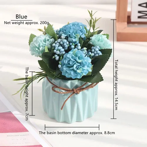 Miniatura 2 de Hortensias falsas con maceta, mini hortensias artificiales en jarrón de cerámica para decoración de escritorio de oficina (azul)