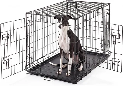 Miniatura 11 de DUMOS Jaula para perros, jaula mediana de doble puerta de 36 pulgadas con bandeja de plástico a prueba de fugas, asa, perrera plegable de alambre