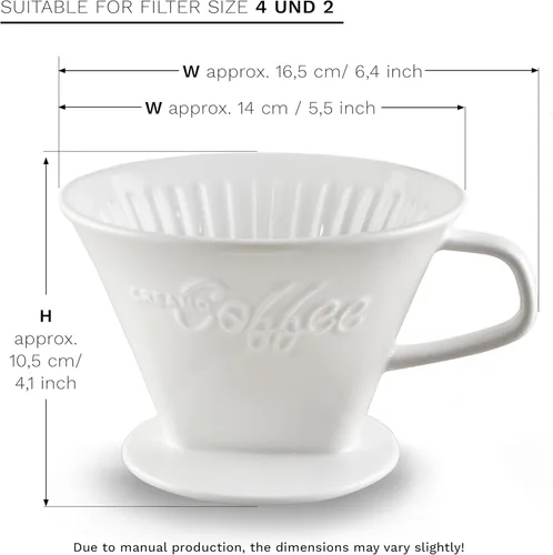 Miniatura 2 de Creano Gotero de café de porcelana, color blanco, cafetera de cono de cerámica, cafetera para bolsas de filtro, tamaño 4, preparación manual fácil