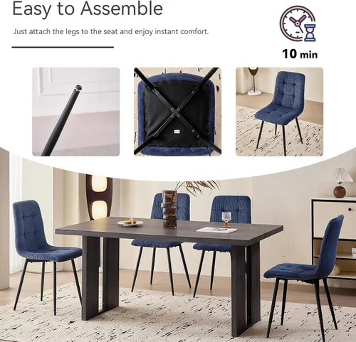 Miniatura 6 de Juego de 4 sillas de comedor de pana, modernas sillas de cocina tapizadas de tela con patas de metal, almohadillas ajustables, color azul
