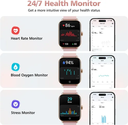 Miniatura 5 de Relojes inteligentes para mujer, rastreadores de fitness Alexa de 1.85 pulgadas con llamadas y SMS, frecuencia cardíaca, SpO2, monitor de estrés