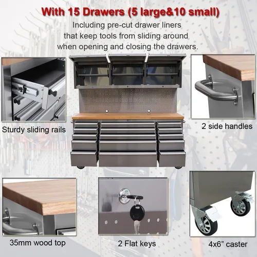Miniatura 6 de AnorTrek Caja de herramientas de 72 pulgadas con 15 cajones con gabinete superior de 3 y tablero de clavijas en acero inoxidable (Acero inoxidable)