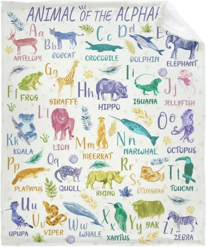Manta de franela con diseño del alfabeto de animales, súper suave, ligera, para niños, adultos, adecuada para sofá, cama, campamento, viajes, todas