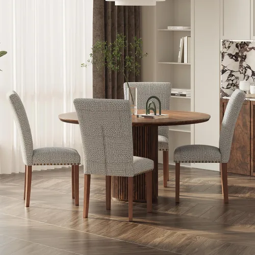 Miniatura 35 de Juego de 2 sillas de comedor de granja, respaldo alto con patas de madera y ribete de cabeza de clavo, silla de comedor de tela moderna
