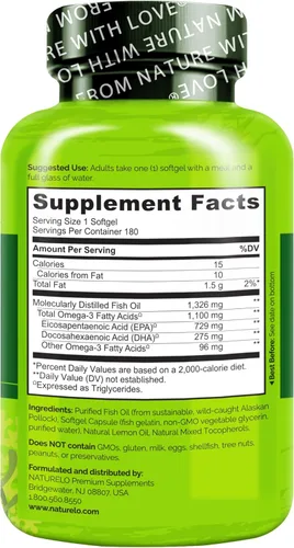 Miniatura 6 de NATURELO Suplemento de aceite de pescado omega 3 sin eructos, 1100 mg de triglicéridos omega-3, EPA + DHA, para corazón, ojos, cerebro, salud