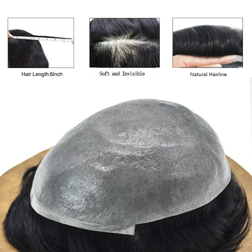 Miniatura 8 de Extensiones de pelo humano Remy para hombre, piel fina, 0.002 in, sistema de reemplazo de cabello en V para hombres, línea de cabello invisible